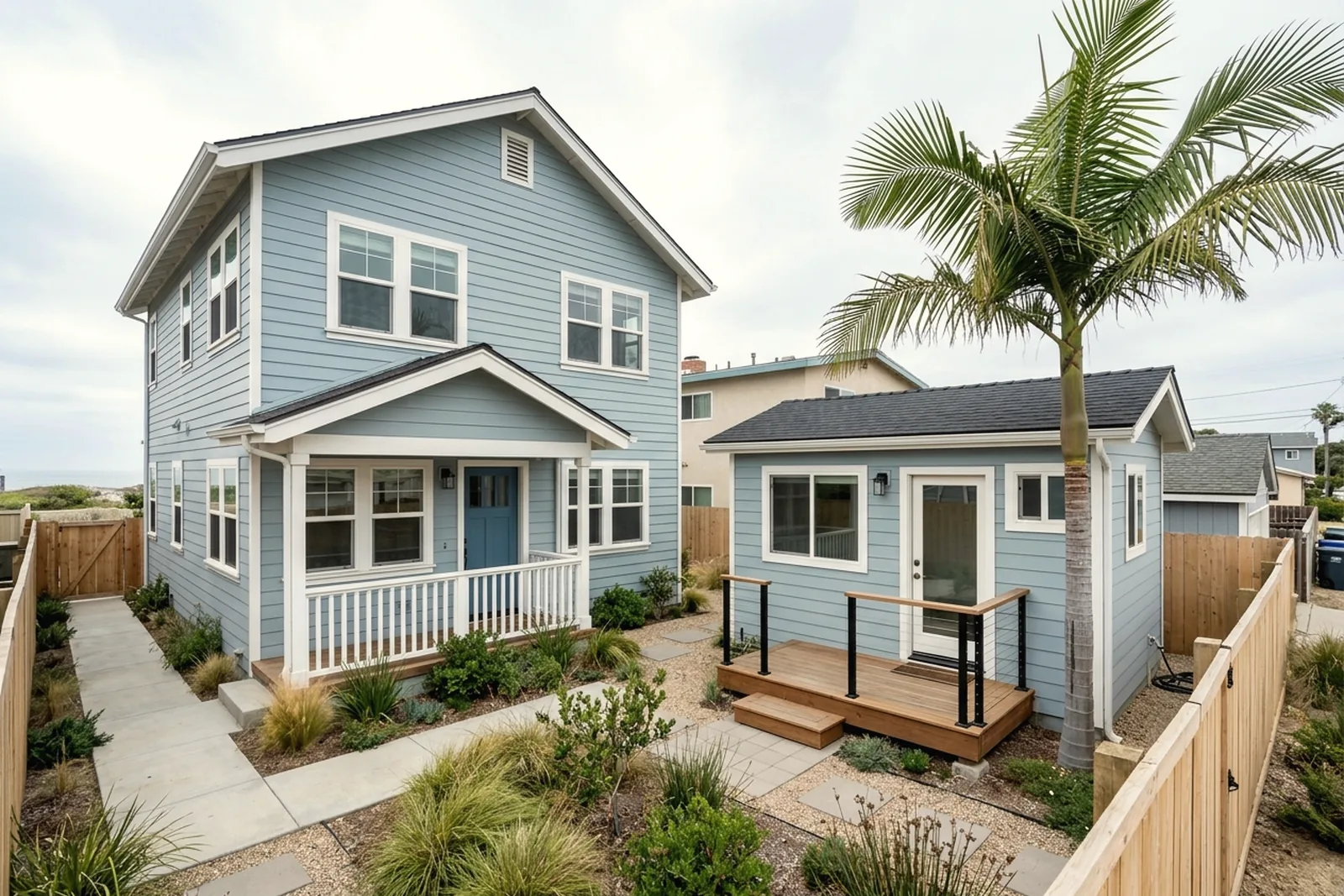 Coastal home with a compact backyard ADU near the beach