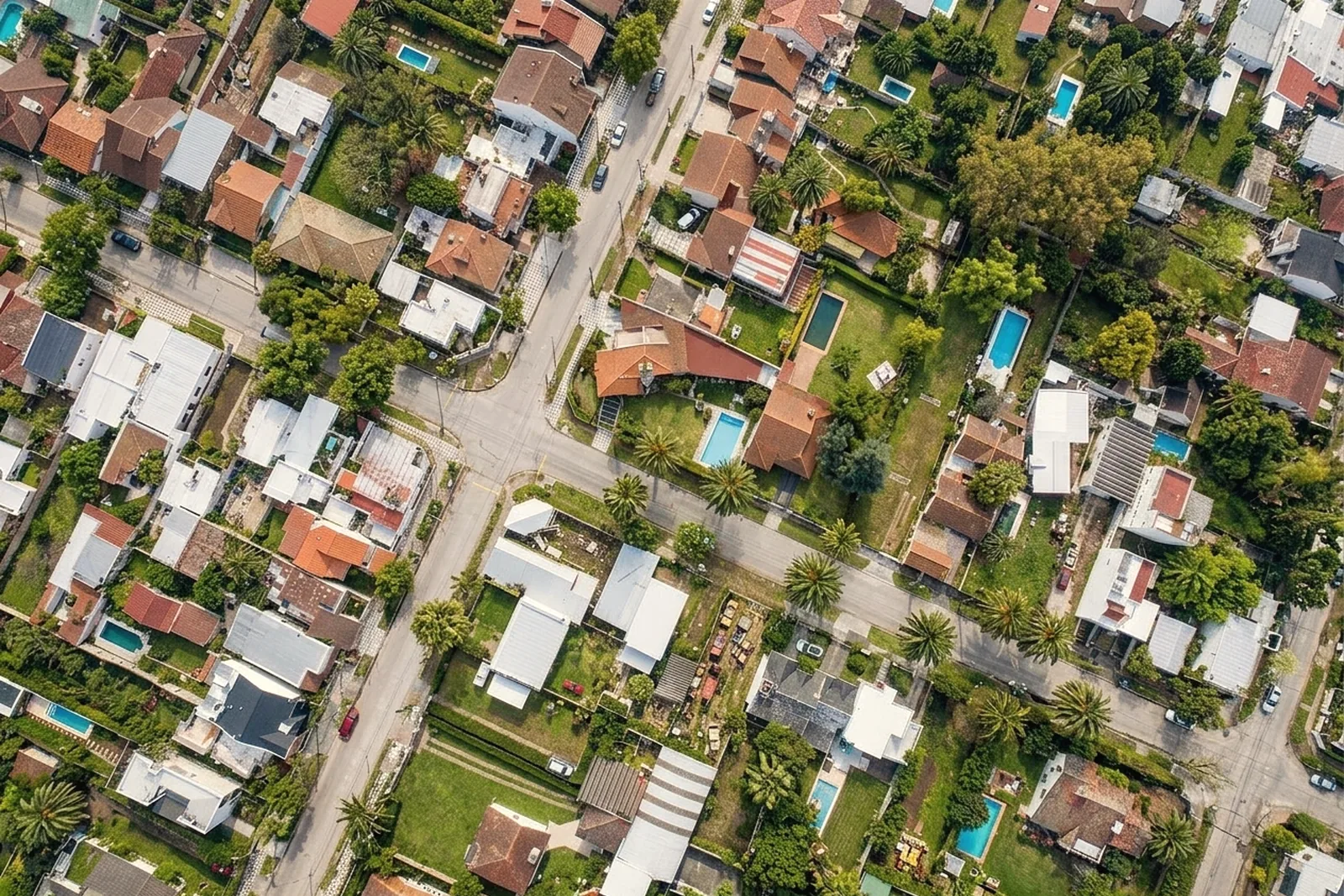 Aerial view of homes with backyard ADUs