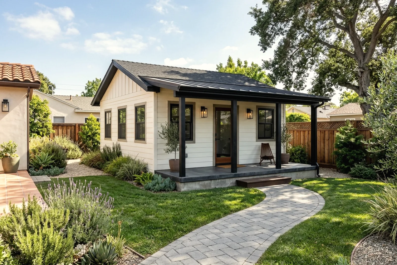 Detached backyard ADU with a covered porch and paver path